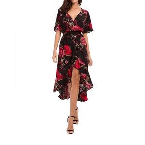 Chic High-Low Floral Dress in Black and Red